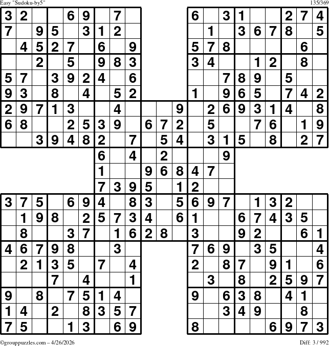 The grouppuzzles.com Easy Sudoku-by5 puzzle for Sunday April 26, 2026