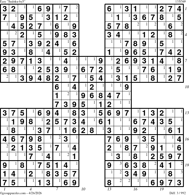 The grouppuzzles.com Easy Sudoku-by5 puzzle for Sunday April 26, 2026 with all 3 steps marked