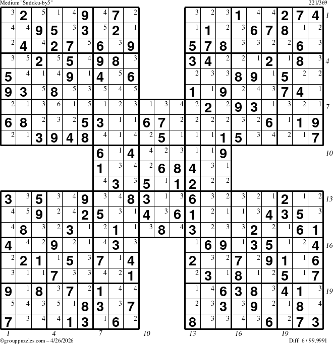 The grouppuzzles.com Medium Sudoku-by5 puzzle for Sunday April 26, 2026 with all 6 steps marked