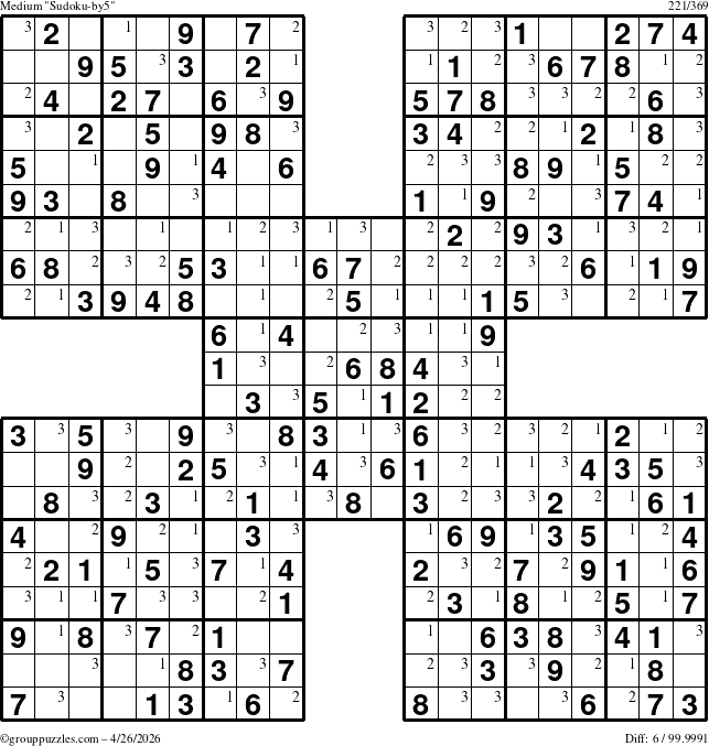 The grouppuzzles.com Medium Sudoku-by5 puzzle for Sunday April 26, 2026 with the first 3 steps marked