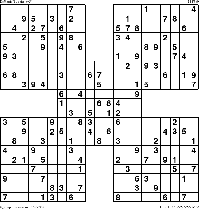 The grouppuzzles.com Difficult Sudoku-by5 puzzle for Sunday April 26, 2026