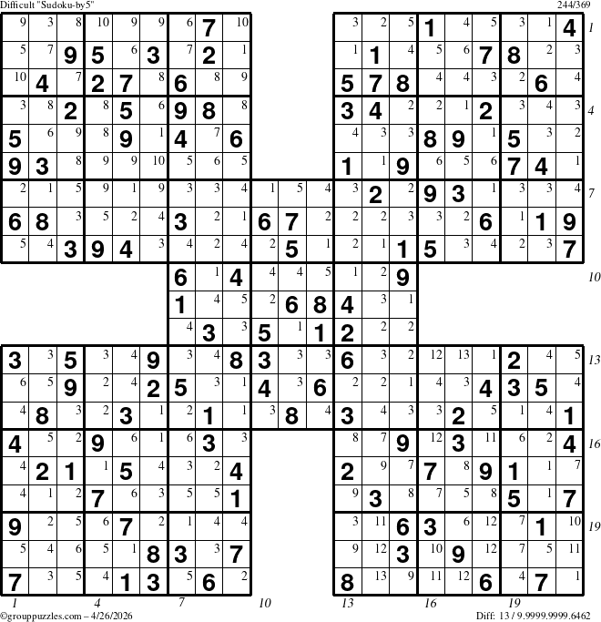The grouppuzzles.com Difficult Sudoku-by5 puzzle for Sunday April 26, 2026 with all 13 steps marked