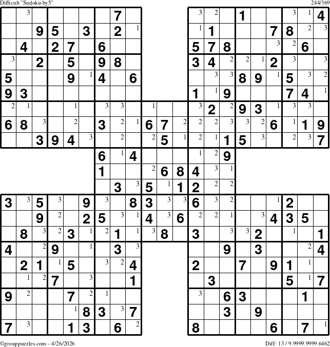 The grouppuzzles.com Difficult Sudoku-by5 puzzle for Sunday April 26, 2026 with the first 3 steps marked