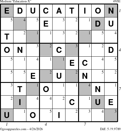 The grouppuzzles.com Medium Education-X puzzle for Sunday April 26, 2026, suitable for printing, with all 5 steps marked