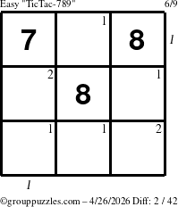The grouppuzzles.com Easy TicTac-789 puzzle for Sunday April 26, 2026, suitable for printing, with all 2 steps marked