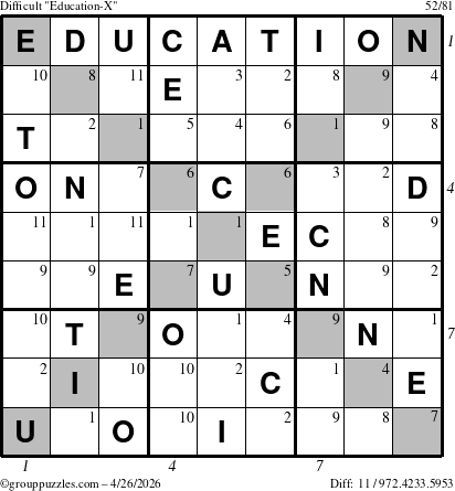 The grouppuzzles.com Difficult Education-X puzzle for Sunday April 26, 2026 with all 11 steps marked