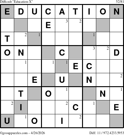 The grouppuzzles.com Difficult Education-X puzzle for Sunday April 26, 2026 with the first 3 steps marked