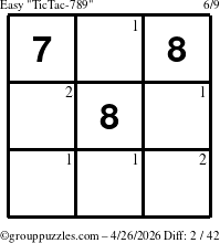 The grouppuzzles.com Easy TicTac-789 puzzle for Sunday April 26, 2026 with the first 2 steps marked