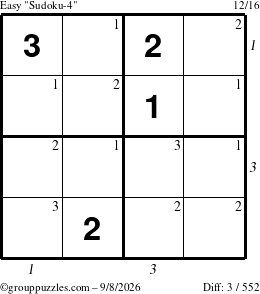 The grouppuzzles.com Easy Sudoku-4 puzzle for Tuesday September 8, 2026, suitable for printing, with all 3 steps marked