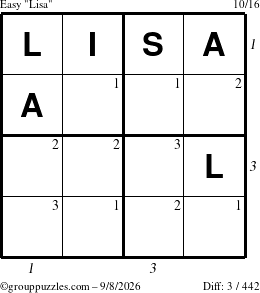 The grouppuzzles.com Easy Lisa puzzle for Tuesday September 8, 2026 with all 3 steps marked