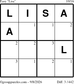 The grouppuzzles.com Easy Lisa puzzle for Tuesday September 8, 2026 with the first 3 steps marked
