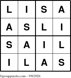The grouppuzzles.com Answer grid for the Lisa puzzle for Tuesday September 8, 2026