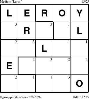 The grouppuzzles.com Medium Leroy puzzle for Tuesday September 8, 2026 with the first 3 steps marked