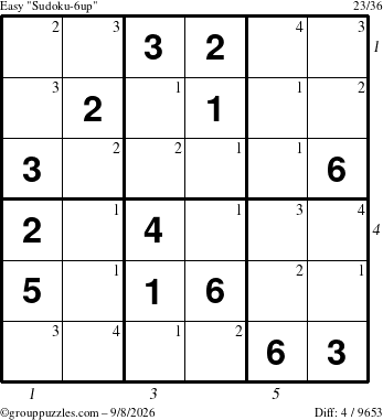 The grouppuzzles.com Easy Sudoku-6up puzzle for Tuesday September 8, 2026, suitable for printing, with all 4 steps marked