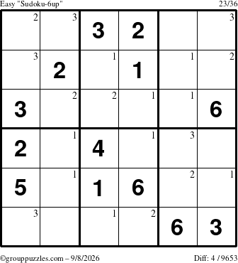 The grouppuzzles.com Easy Sudoku-6up puzzle for Tuesday September 8, 2026 with the first 3 steps marked