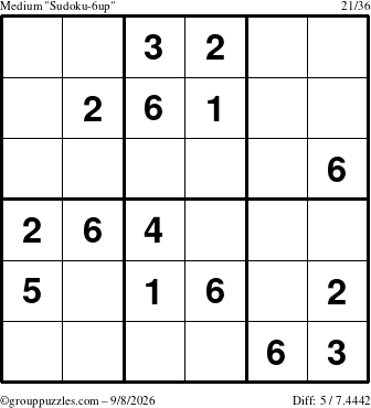 The grouppuzzles.com Medium Sudoku-6up puzzle for Tuesday September 8, 2026