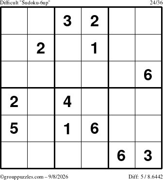 The grouppuzzles.com Difficult Sudoku-6up puzzle for Tuesday September 8, 2026