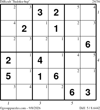 The grouppuzzles.com Difficult Sudoku-6up puzzle for Tuesday September 8, 2026 with all 5 steps marked