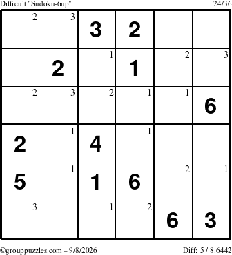 The grouppuzzles.com Difficult Sudoku-6up puzzle for Tuesday September 8, 2026 with the first 3 steps marked
