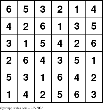 The grouppuzzles.com Answer grid for the Sudoku-6up puzzle for Tuesday September 8, 2026