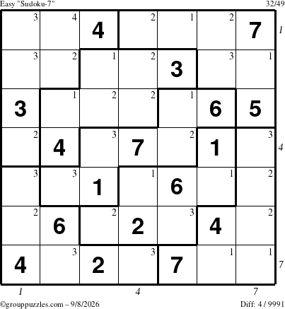 The grouppuzzles.com Easy Sudoku-7 puzzle for Tuesday September 8, 2026, suitable for printing, with all 4 steps marked