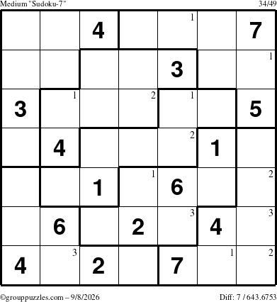 The grouppuzzles.com Medium Sudoku-7 puzzle for Tuesday September 8, 2026 with the first 3 steps marked