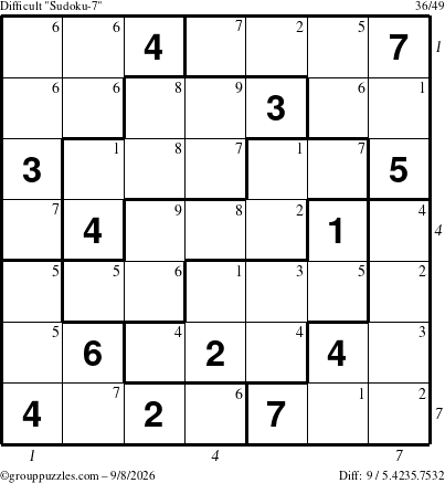 The grouppuzzles.com Difficult Sudoku-7 puzzle for Tuesday September 8, 2026 with all 9 steps marked