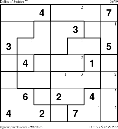The grouppuzzles.com Difficult Sudoku-7 puzzle for Tuesday September 8, 2026 with the first 3 steps marked