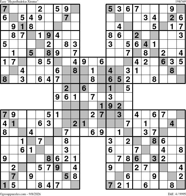 The grouppuzzles.com Easy HyperSudoku-Xtreme puzzle for Tuesday September 8, 2026