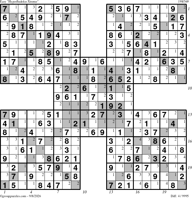 The grouppuzzles.com Easy HyperSudoku-Xtreme puzzle for Tuesday September 8, 2026 with all 4 steps marked
