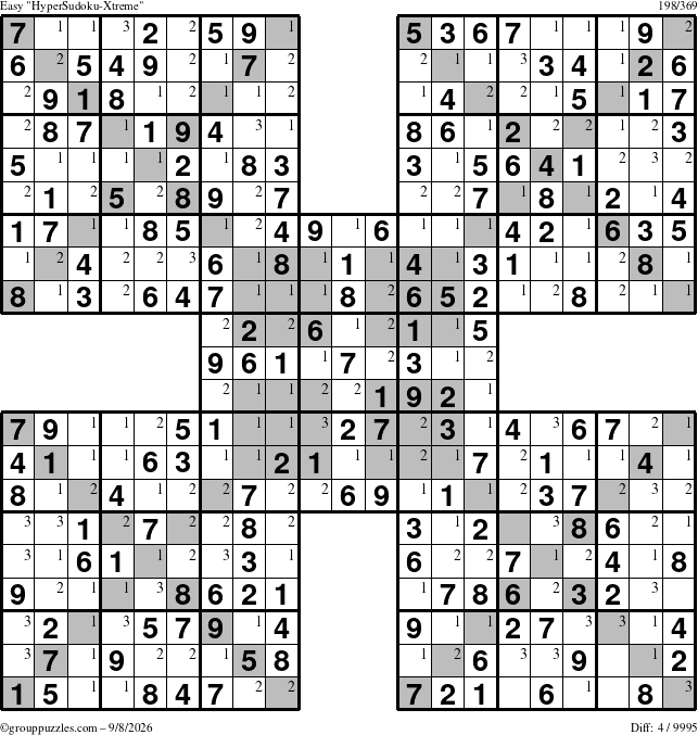 The grouppuzzles.com Easy HyperSudoku-Xtreme puzzle for Tuesday September 8, 2026 with the first 3 steps marked