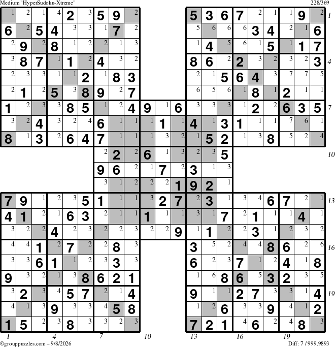 The grouppuzzles.com Medium HyperSudoku-Xtreme puzzle for Tuesday September 8, 2026, suitable for printing, with all 7 steps marked