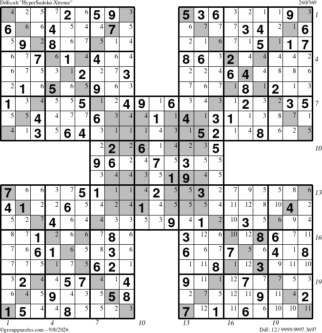 The grouppuzzles.com Difficult HyperSudoku-Xtreme puzzle for Tuesday September 8, 2026 with all 12 steps marked