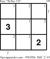 The grouppuzzles.com Easy TicTac-123 puzzle for Tuesday September 8, 2026 with all 2 steps marked