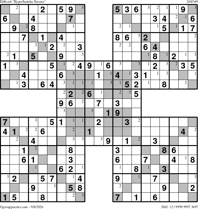 The grouppuzzles.com Difficult HyperSudoku-Xtreme puzzle for Tuesday September 8, 2026 with the first 3 steps marked