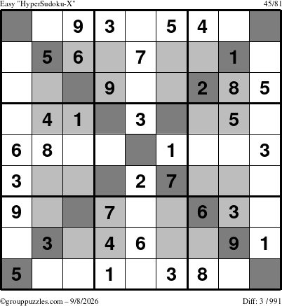 The grouppuzzles.com Easy HyperSudoku-X puzzle for Tuesday September 8, 2026