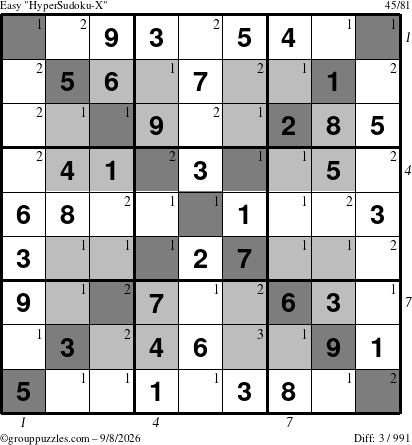 The grouppuzzles.com Easy HyperSudoku-X puzzle for Tuesday September 8, 2026 with all 3 steps marked