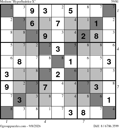 The grouppuzzles.com Medium HyperSudoku-X puzzle for Tuesday September 8, 2026 with all 8 steps marked