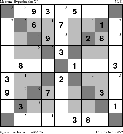 The grouppuzzles.com Medium HyperSudoku-X puzzle for Tuesday September 8, 2026 with the first 3 steps marked
