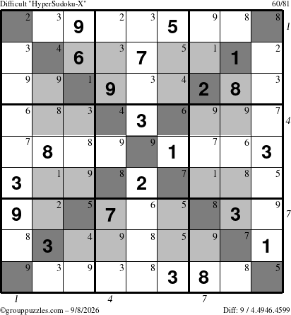 The grouppuzzles.com Difficult HyperSudoku-X puzzle for Tuesday September 8, 2026, suitable for printing, with all 9 steps marked