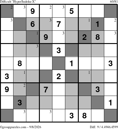 The grouppuzzles.com Difficult HyperSudoku-X puzzle for Tuesday September 8, 2026 with the first 3 steps marked