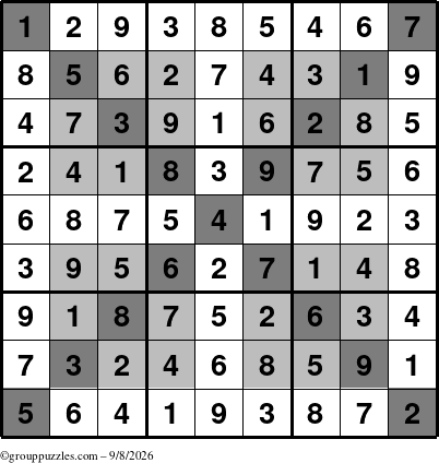 The grouppuzzles.com Answer grid for the HyperSudoku-X puzzle for Tuesday September 8, 2026