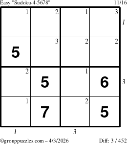 The grouppuzzles.com Easy Sudoku-4-5678 puzzle for Friday April 3, 2026 with all 3 steps marked