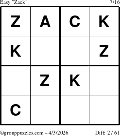 The grouppuzzles.com Easy Zack puzzle for Friday April 3, 2026