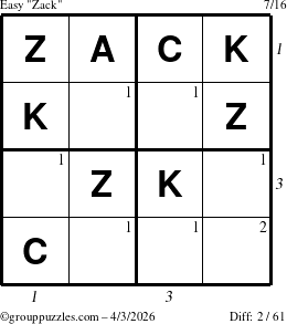 The grouppuzzles.com Easy Zack puzzle for Friday April 3, 2026, suitable for printing, with all 2 steps marked