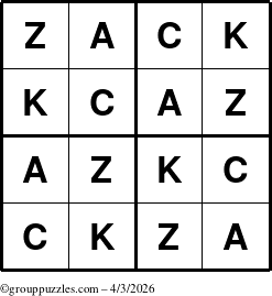 The grouppuzzles.com Answer grid for the Zack puzzle for Friday April 3, 2026