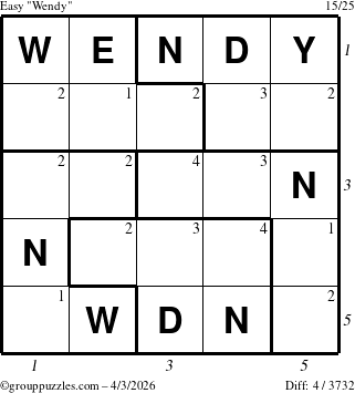 The grouppuzzles.com Easy Wendy puzzle for Friday April 3, 2026, suitable for printing, with all 4 steps marked