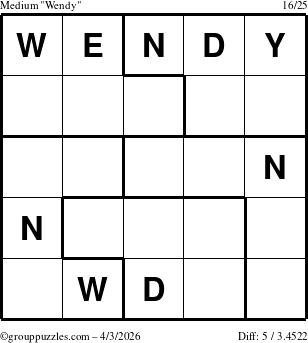 The grouppuzzles.com Medium Wendy puzzle for Friday April 3, 2026
