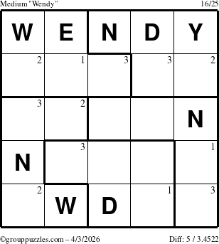 The grouppuzzles.com Medium Wendy puzzle for Friday April 3, 2026 with the first 3 steps marked