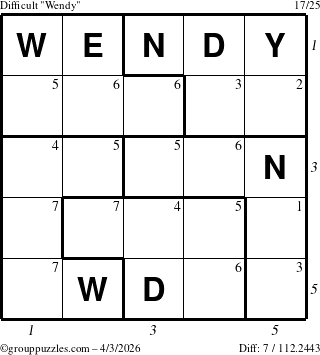 The grouppuzzles.com Difficult Wendy puzzle for Friday April 3, 2026 with all 7 steps marked